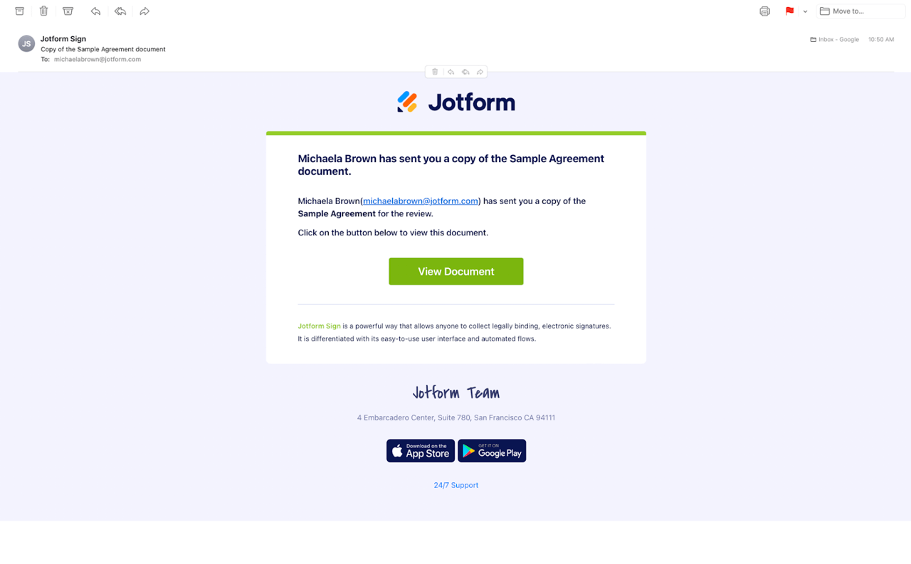 Email notifying a user they have been sent a copy of a document