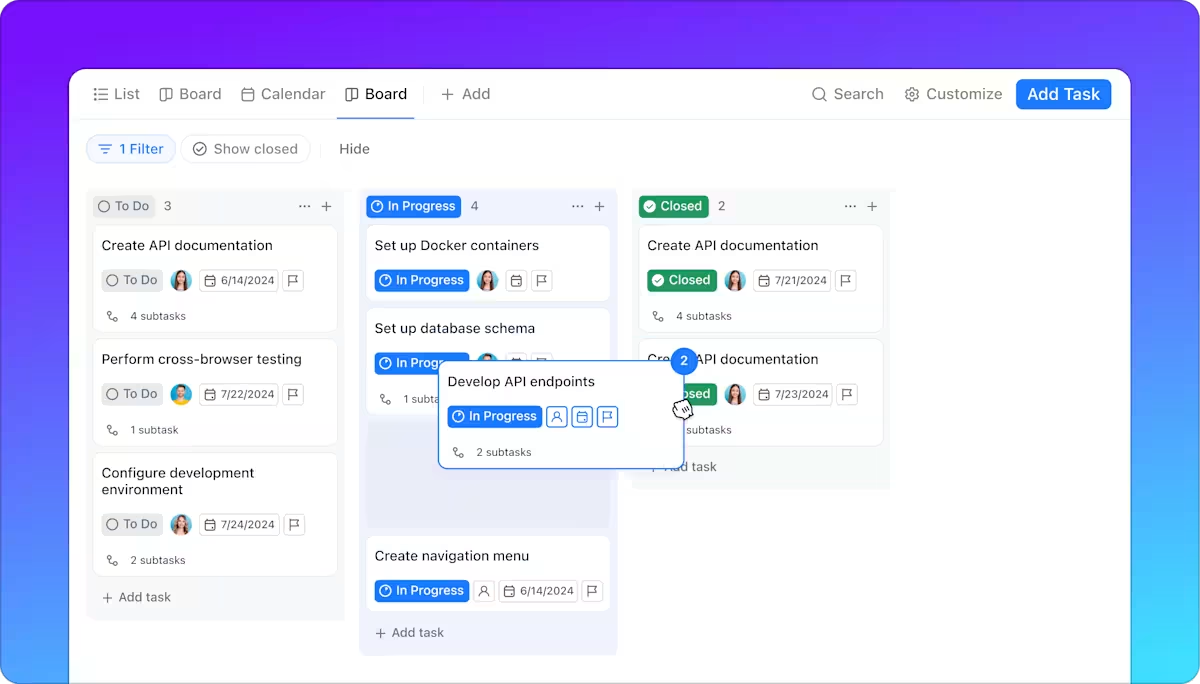 Screenshot of ClickUp interface, highlighting setup and use of Kanban-style boards