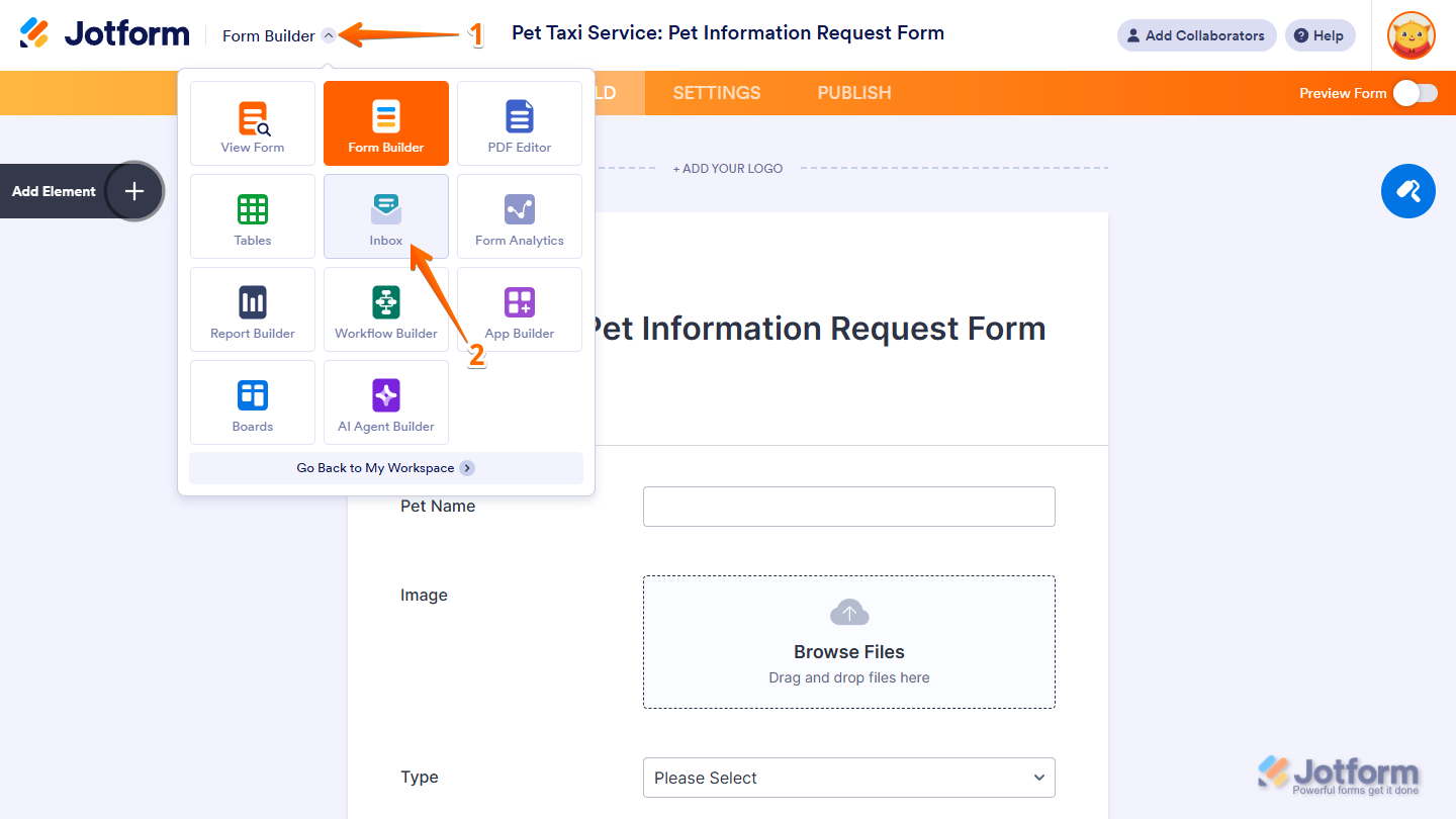 Inbox option in the App Picker menu in Jotform Form Builder