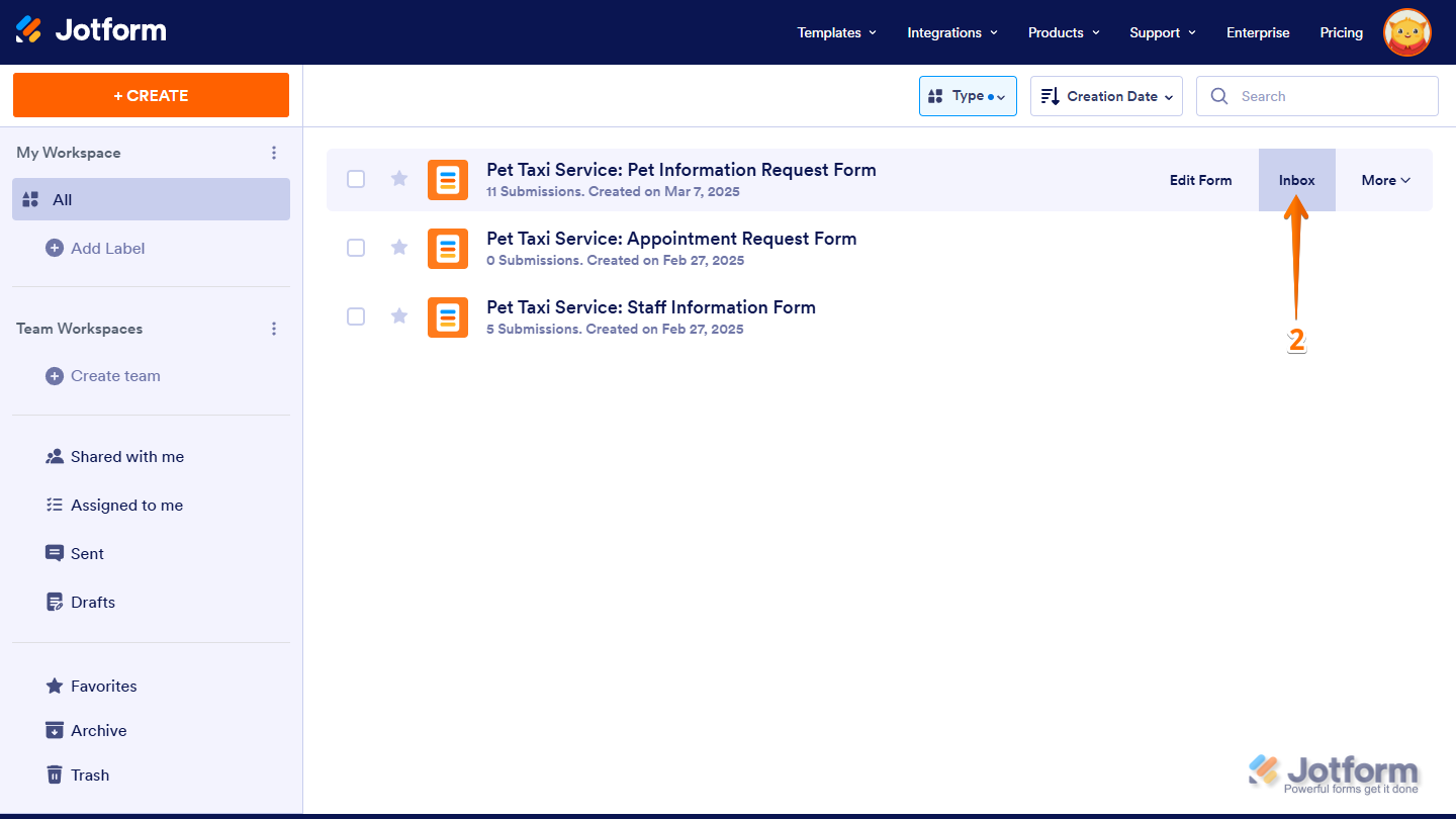 Forms option checked in the Type dropdown menu on the Jotform My Workspace page