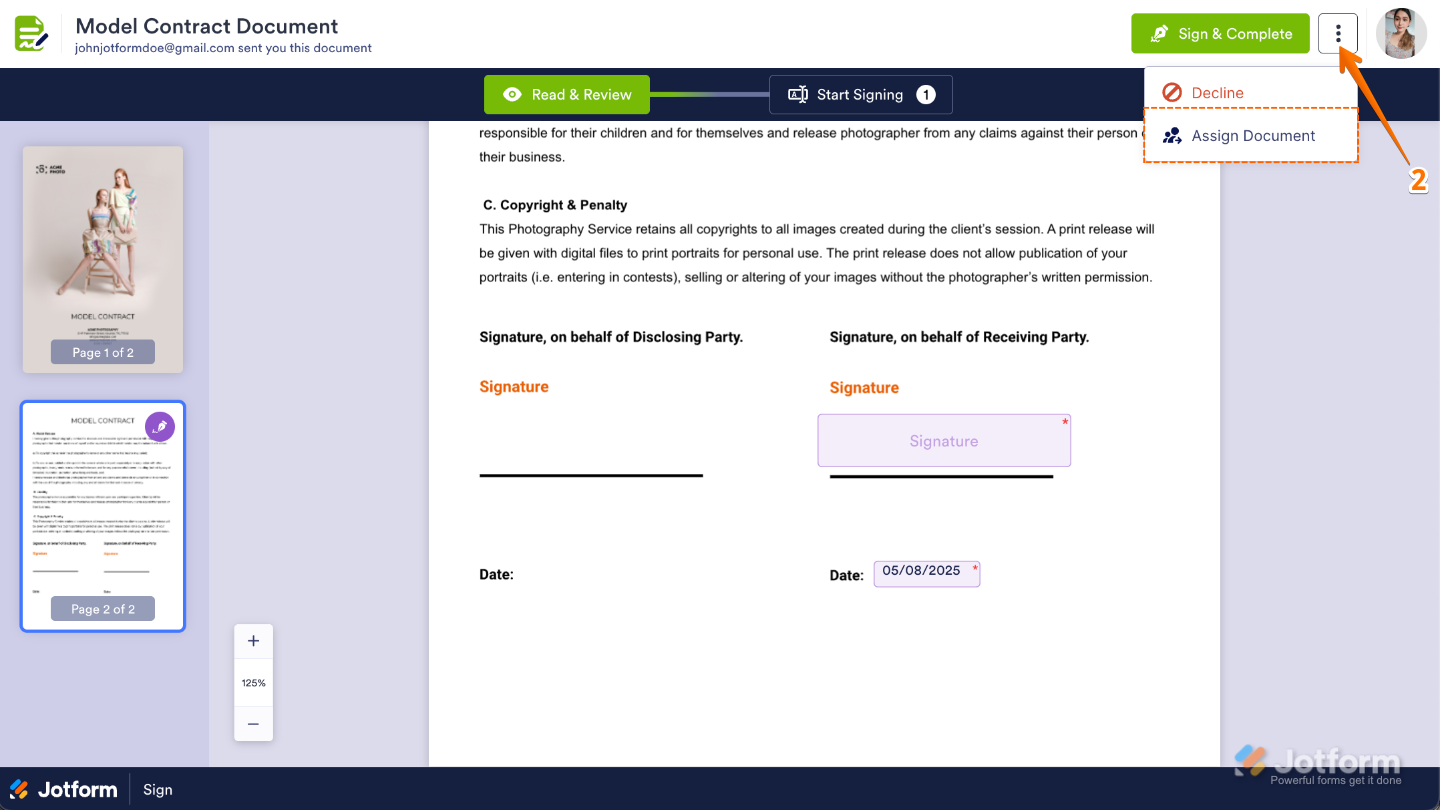 Assign Document option highlighted in Jotform Sign dropdown menu during the signing process