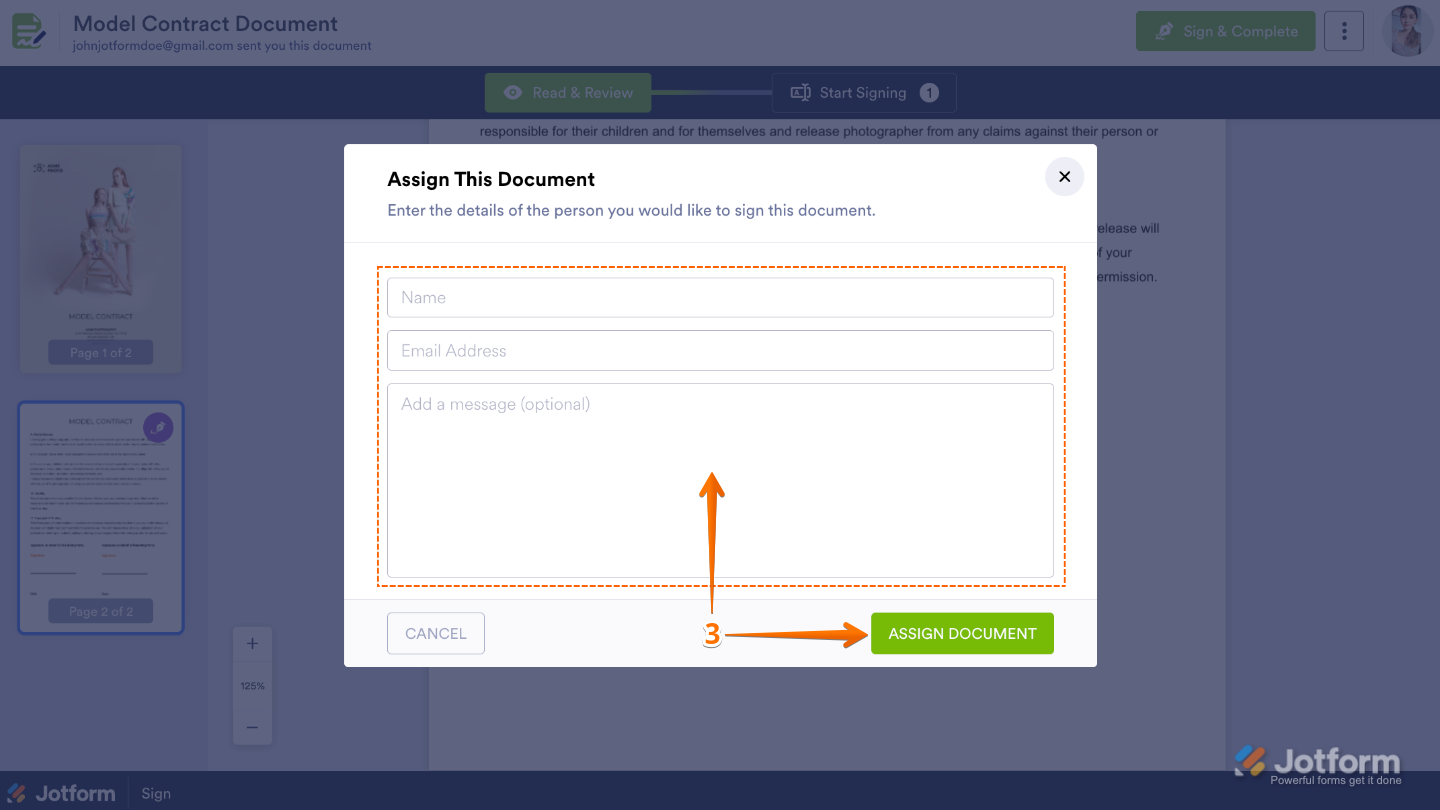Assign This Document modal in Jotform Sign with required fields and assign button visible