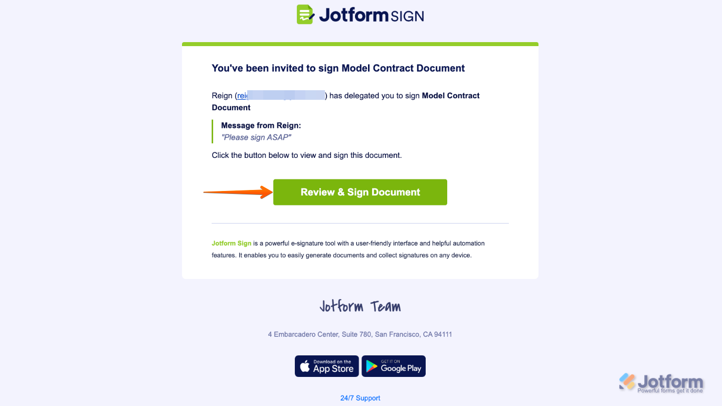Sign request email sent to delegated signer in Jotform Sign with Review & Sign Document button