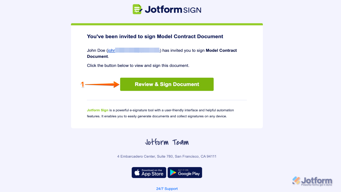 Jotform Sign Request Email with the Review & Sign Document button highlighted