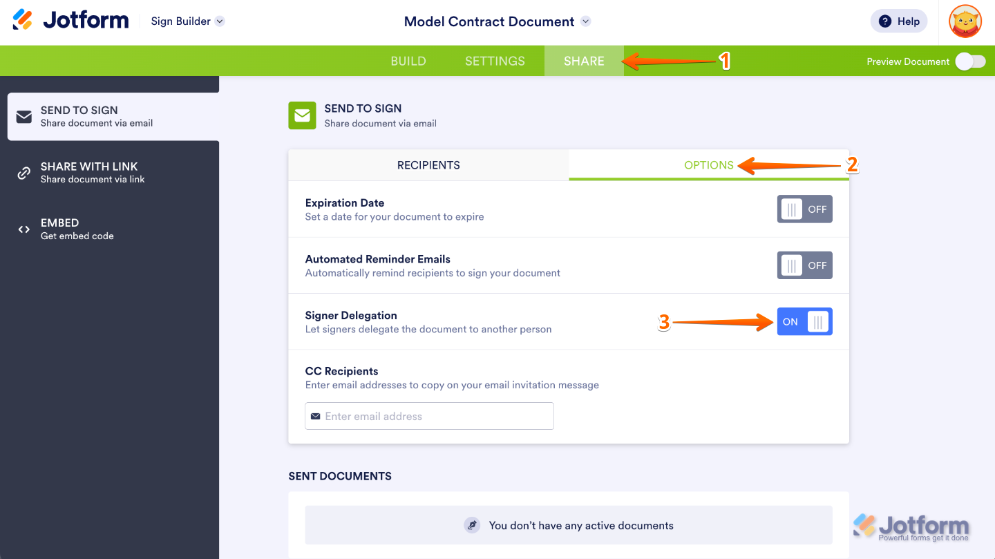 Jotform Sign Builder Share menu with Options tab open and Signer Delegation toggle switched on