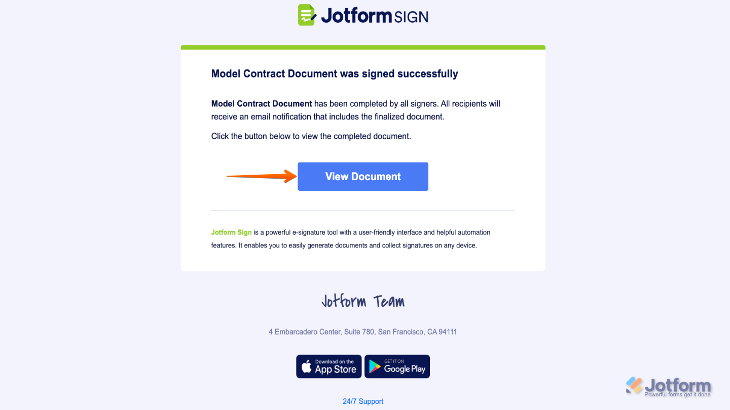 All signers receive a Jotform Sign email confirming the document has been signed and completed