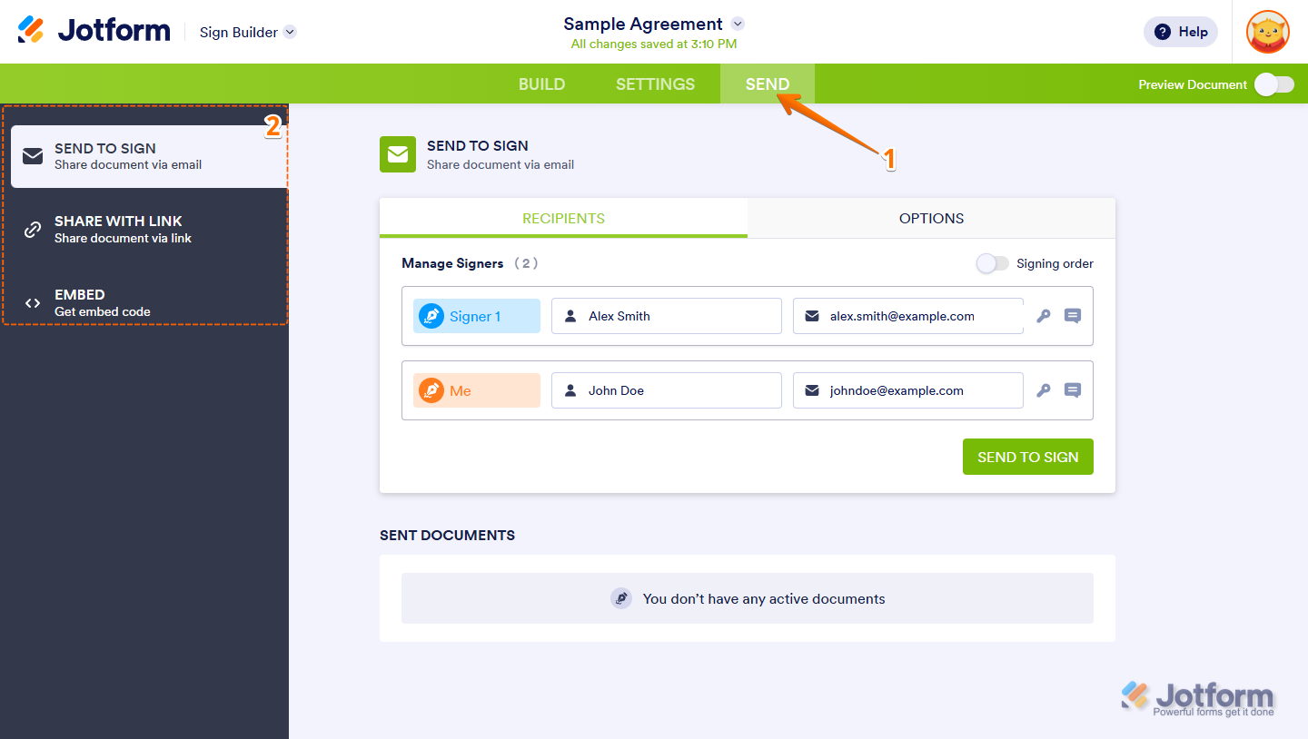 Jotform Sign Builder Send menu with options to send to signers, share via link, or embed the document