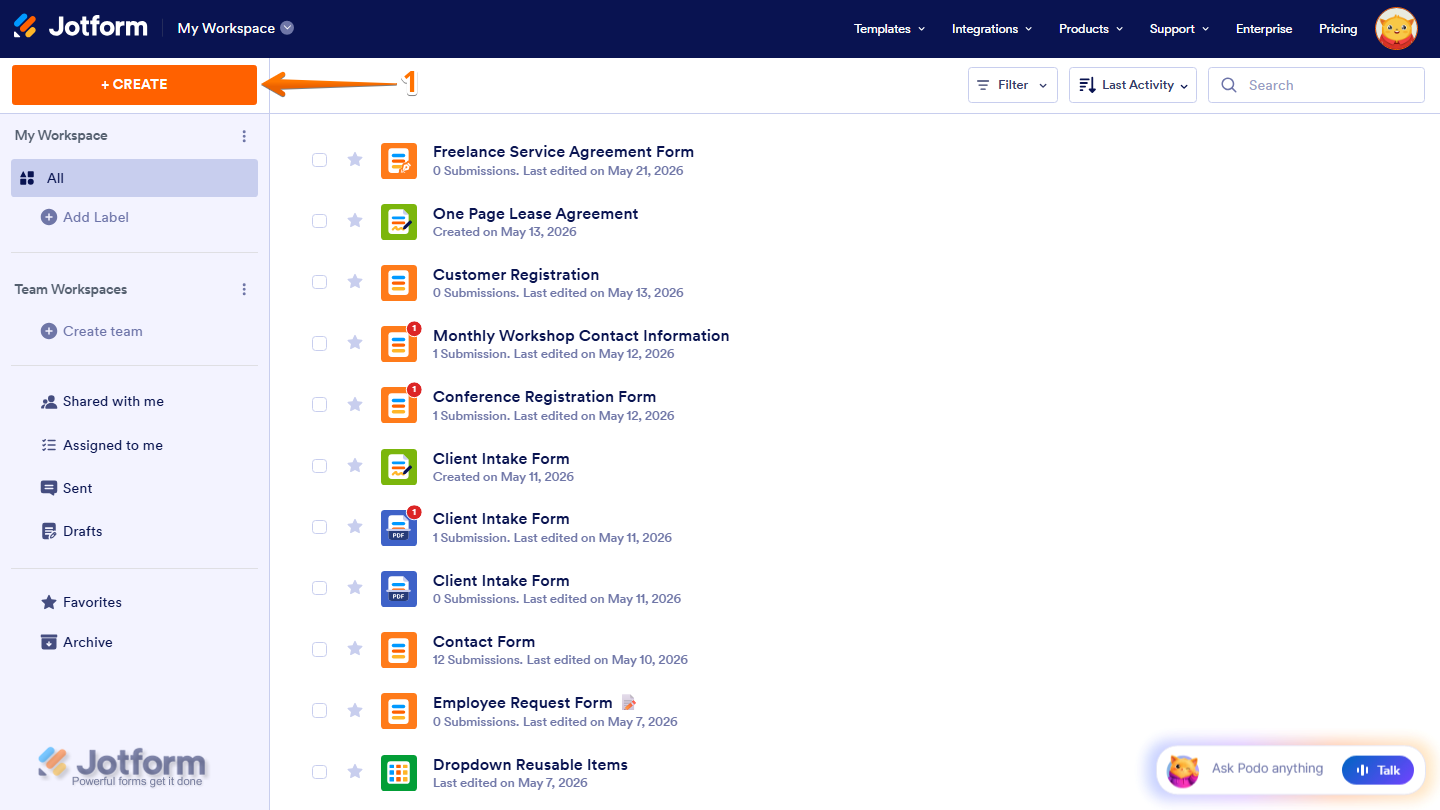 Workspace page showing Create button on the top-left side in Jotform