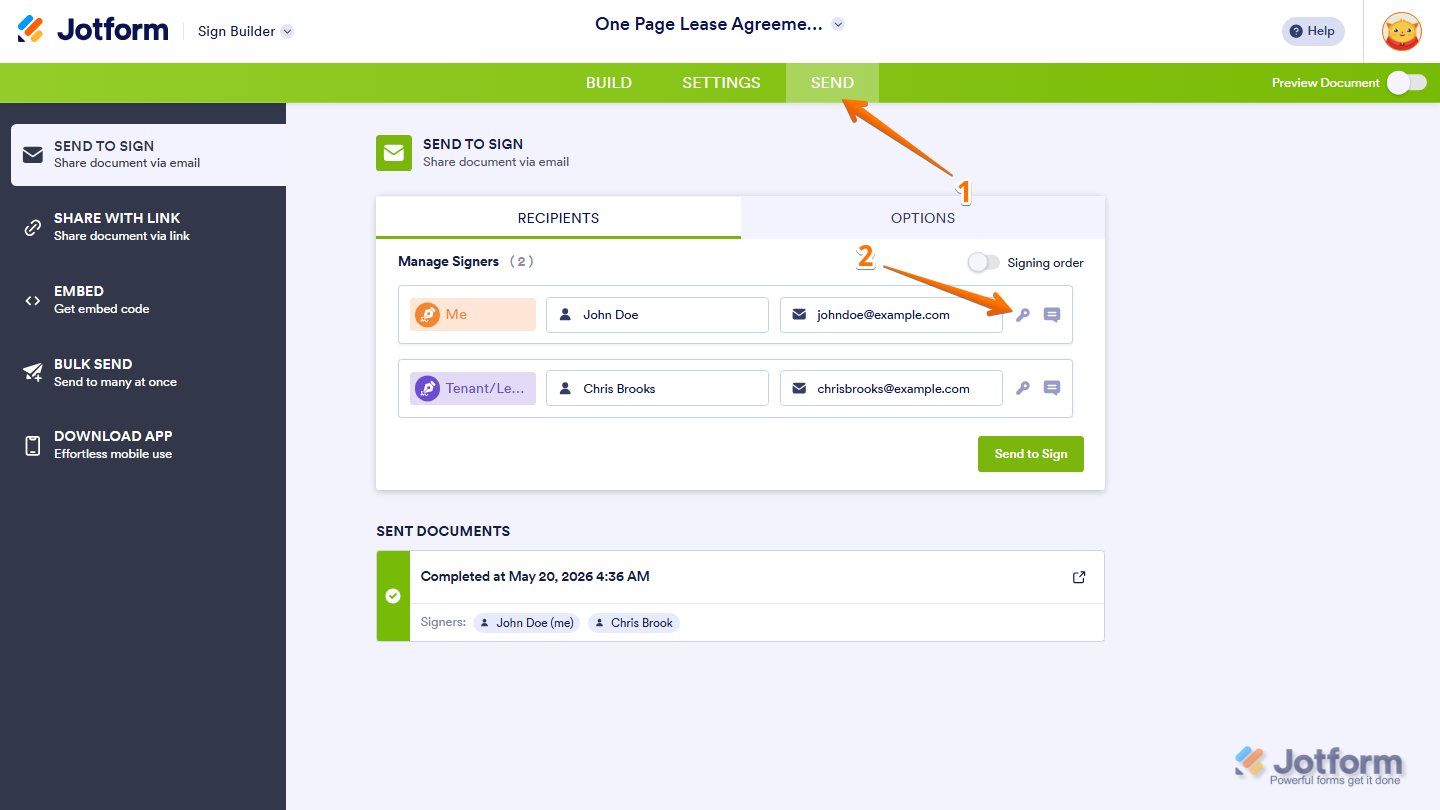 Send page Recipients tab showing Manage Signers section with Key icon in Jotform