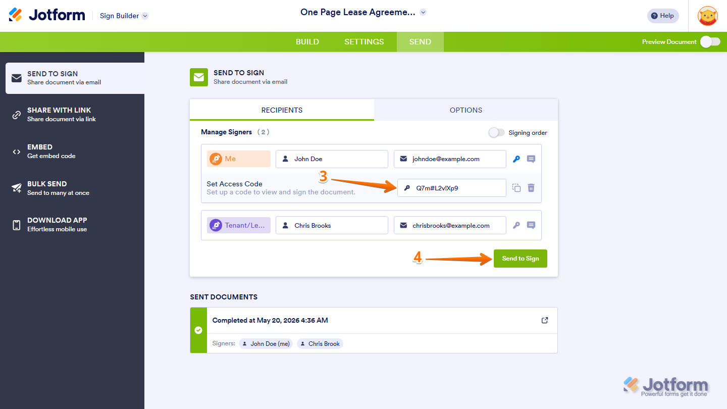Send to Sign page showing Set Access Code field and Send to Sign button in Jotform