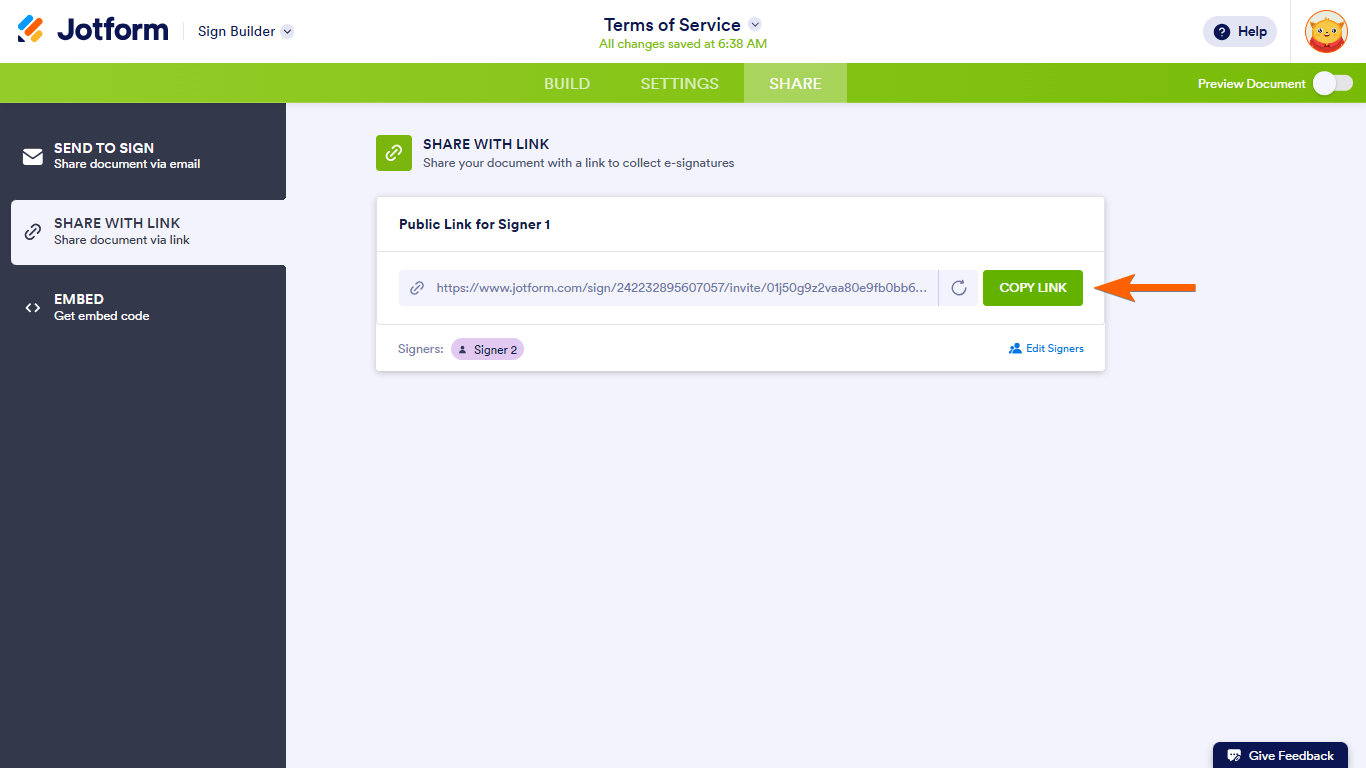 The Copy Link button in the Sign Builder Share With Link tab