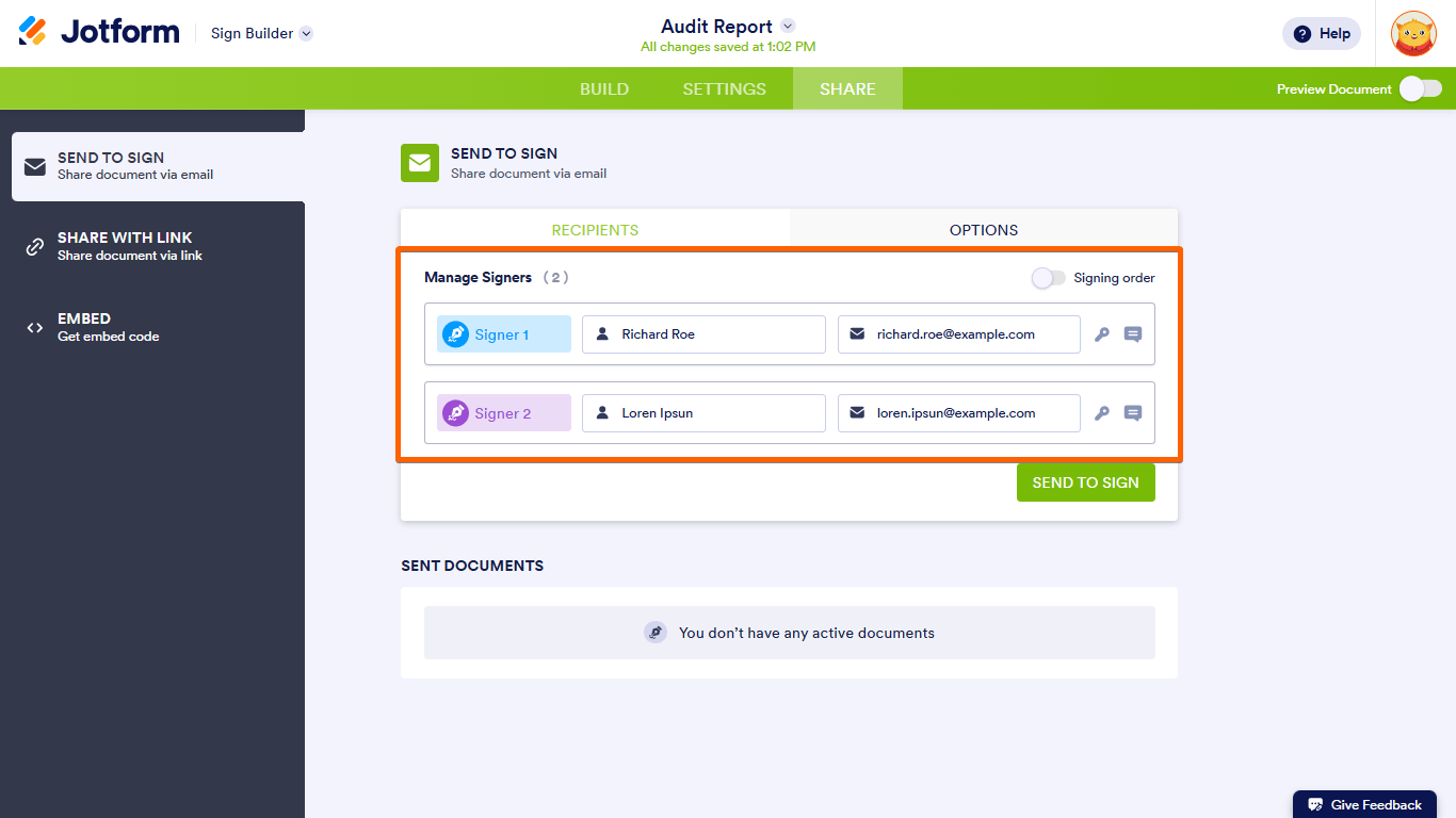 The Manage Signers section in the Sign Builder Share tab