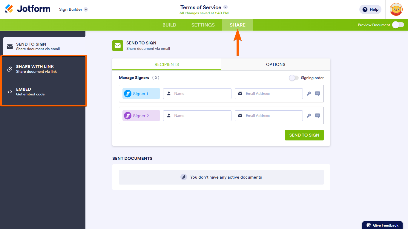 The Share With Link and Embed tabs in Jotform Sign Builder