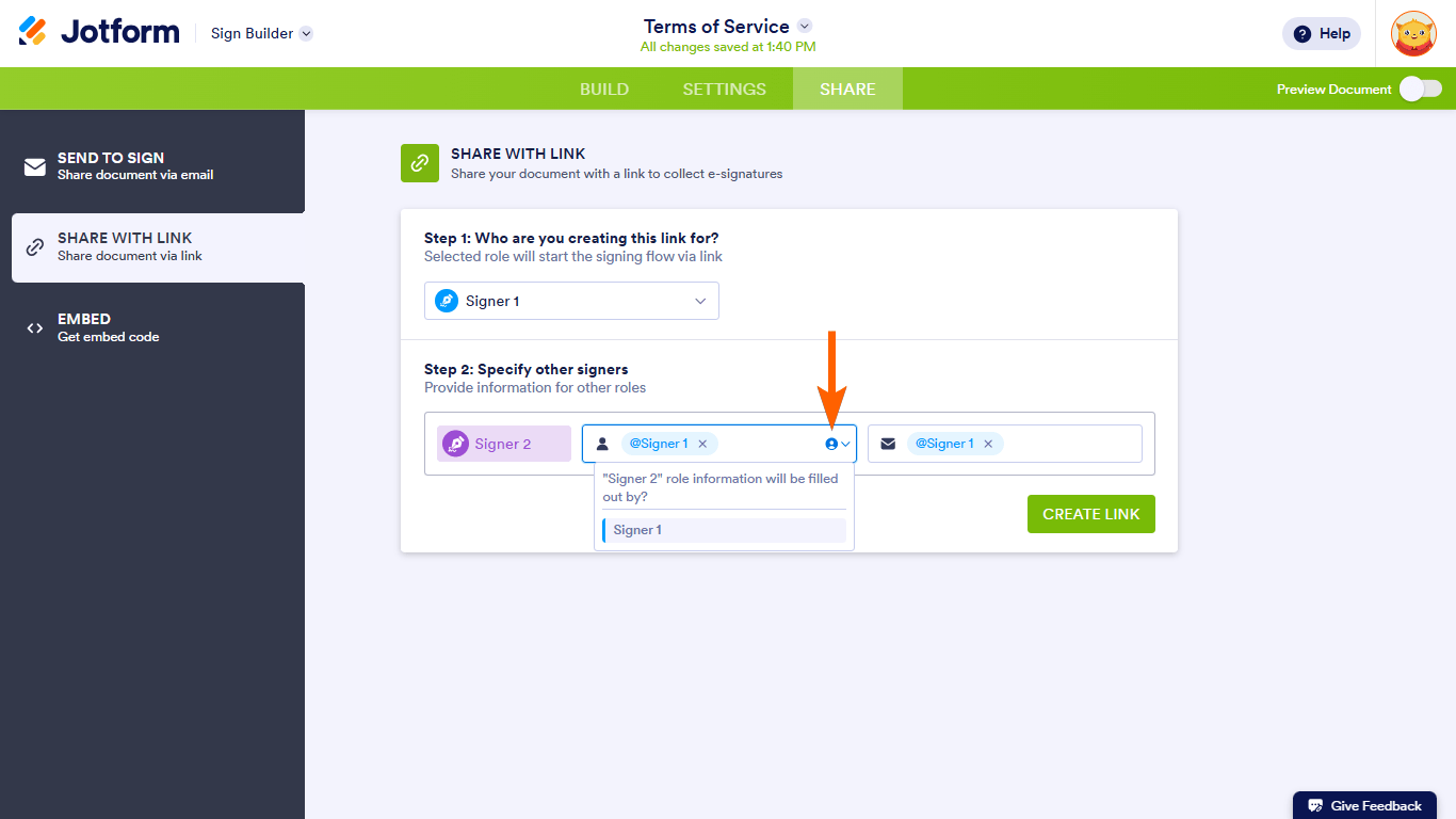 A user icon in an Other Signers field in the Sign Builder's Share tab