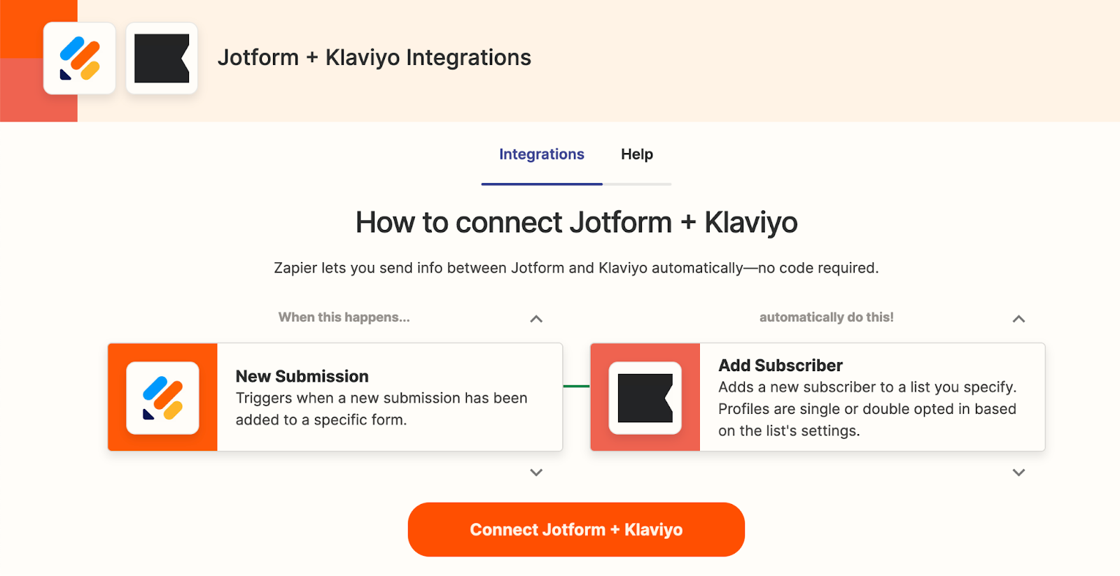 Jotform and Klaviyo integration page on Zapier