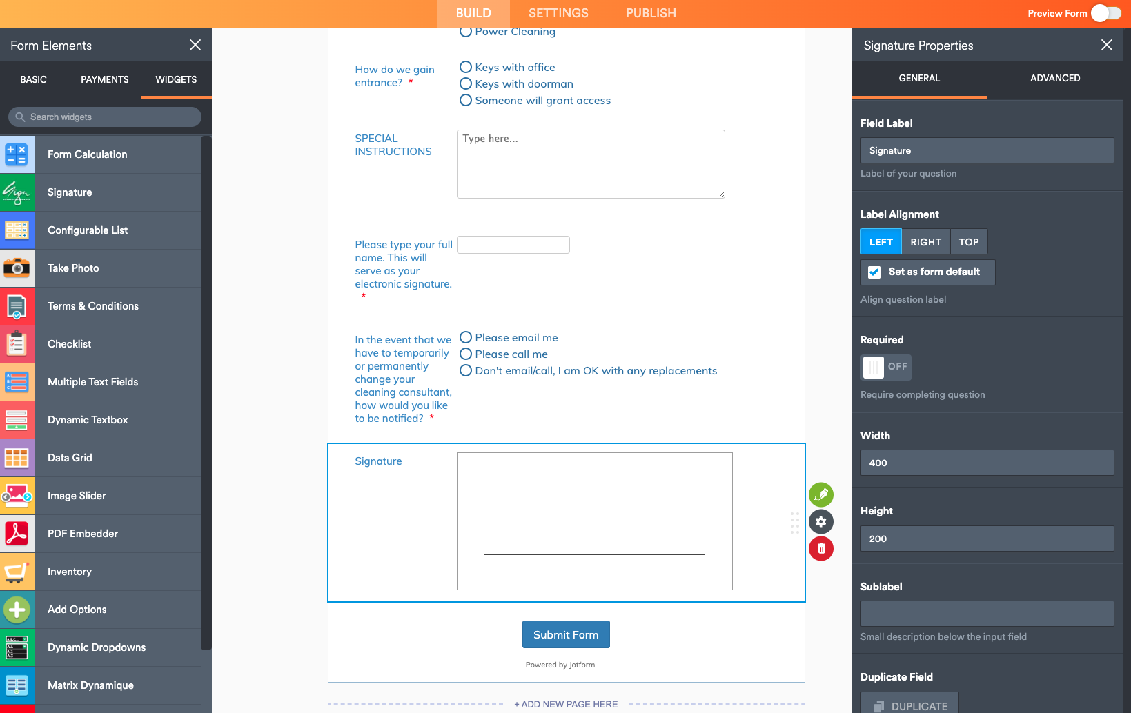 Screenshot of E-Signature Widget in Jotform's Form Builder
