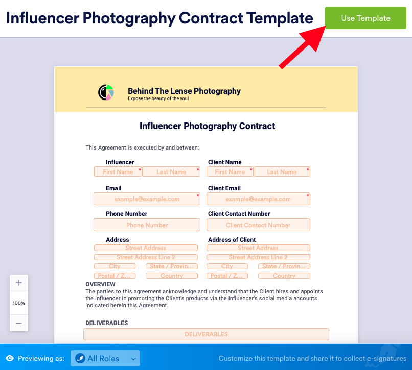 Screenshot of Influencer Photography Contract Template