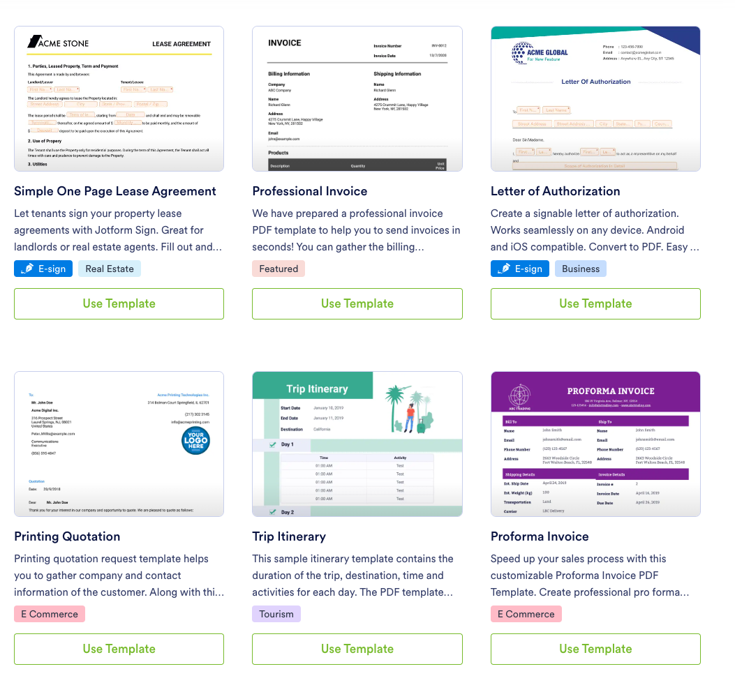Image of various Jotform PDF Templates