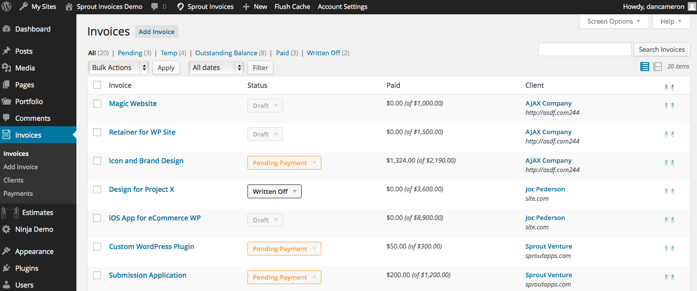Screenshot of Sprout Invoices plug-in