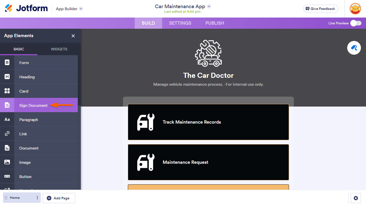 Sign Document element in the Add Elements menu of the Jotform App Builder