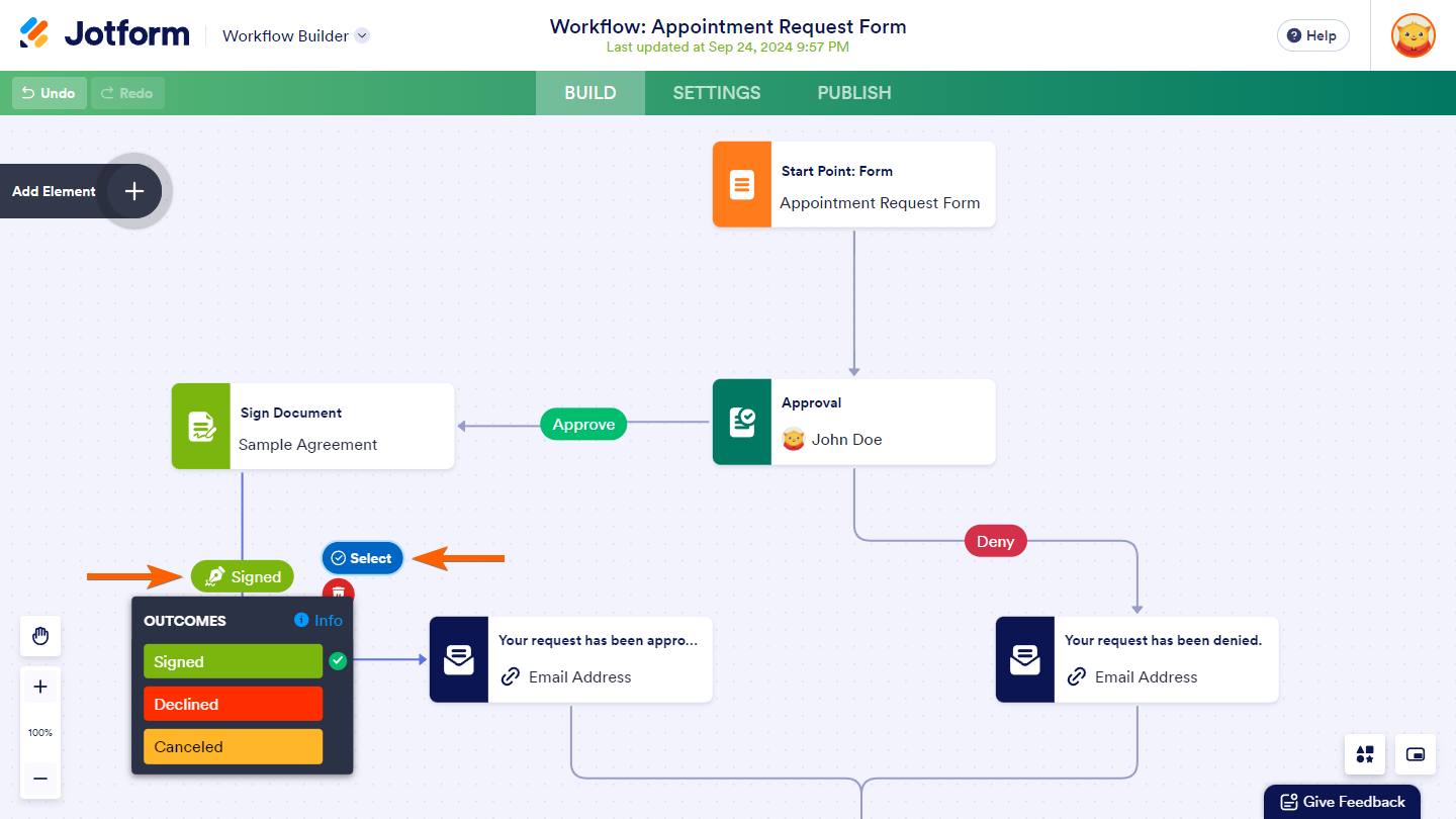 Selected Outcome of the Sign Document element in Jotform Workflows
