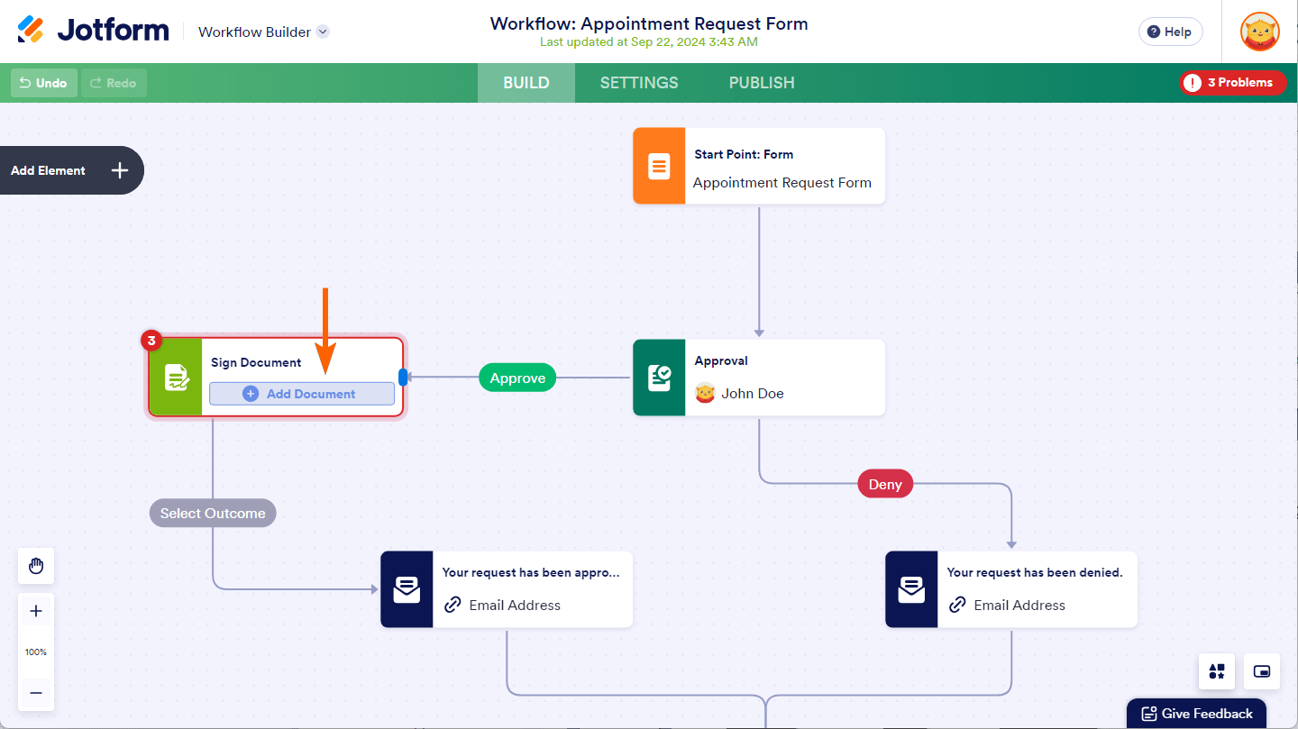 Add Document button of the Sign Document element in the Jotform Workflows
