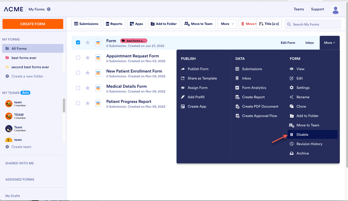 Image of the My Forms page with an arrow pointing to the disable button in the More menu