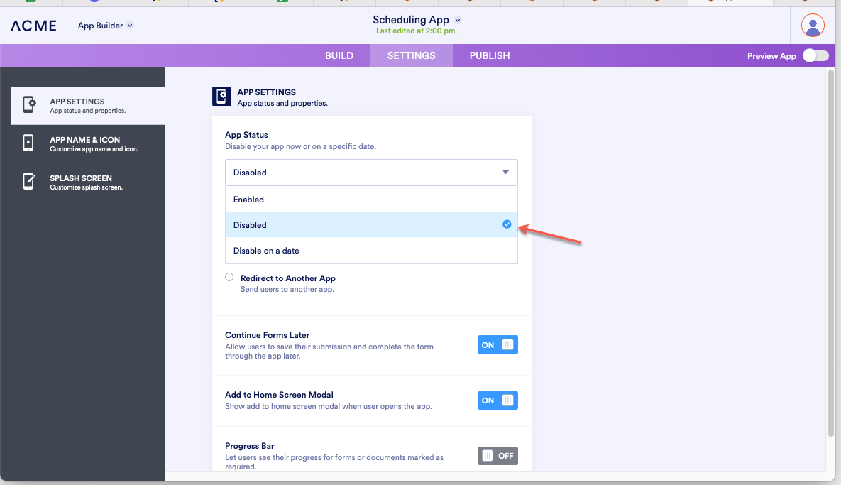 Image of the Settings tab in the App Builder