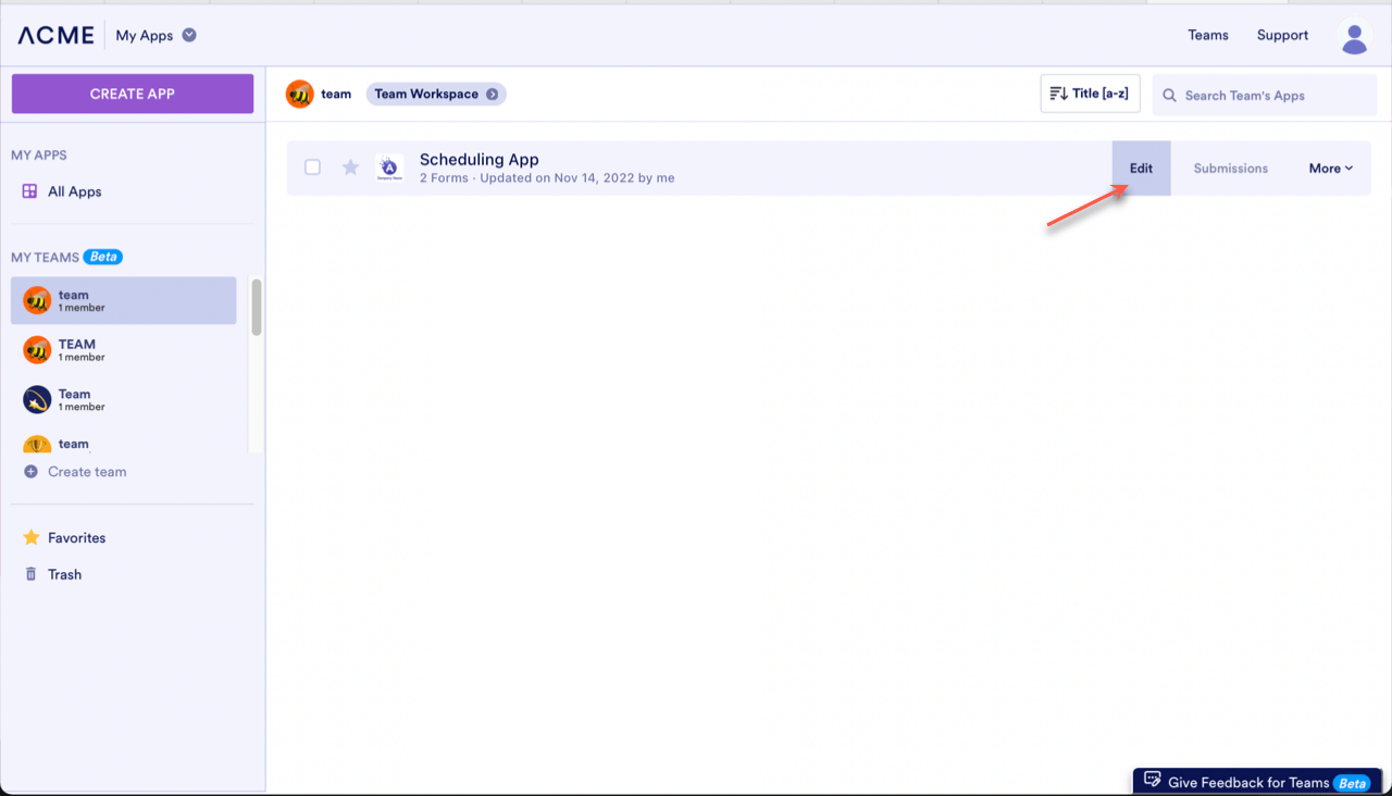 Image of the My Apps section of Jotform with an arrow pointing to the Edit button on the right side of the screen