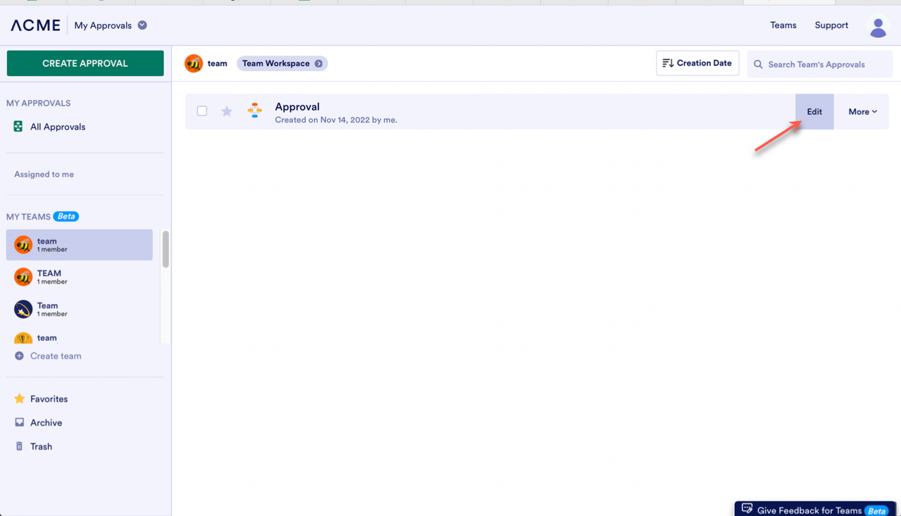 Image of a workspace in Jotform Teams with an arrow pointing to the edit button for an approval flow