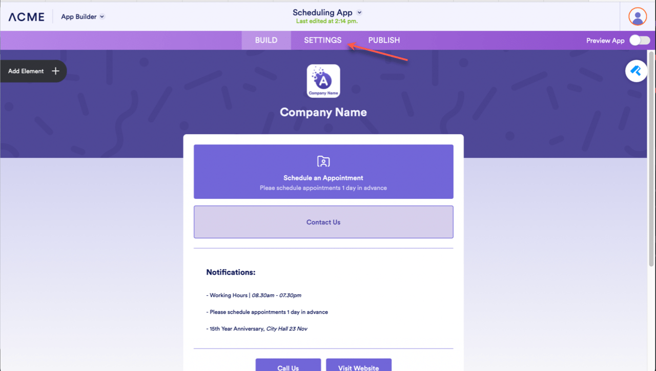 Image of the App Builder with an arrow pointing to the Settings button in the top middle part of the screen