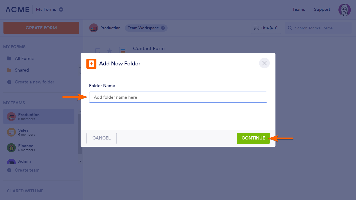 Arrows pointing to the Folder Name field and Continue button in Jotform Enterprise's Add New Folder dialog