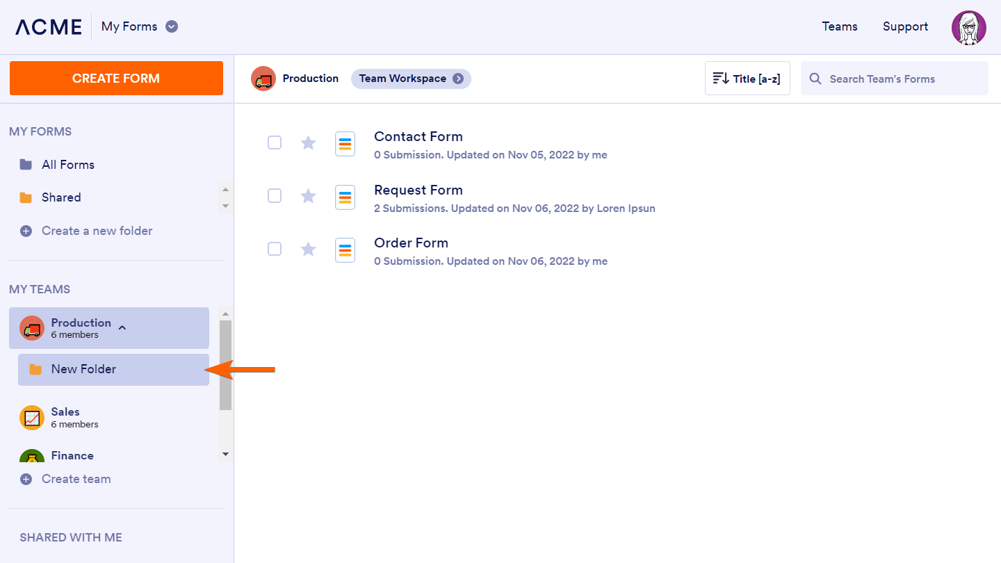 An arrow pointing to New Folder in Jotform Enterprise