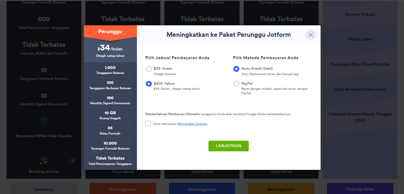 Paket Jotform Perunggu dengan opsi untuk memilih jadwal pembayaran dan metode pembayaran