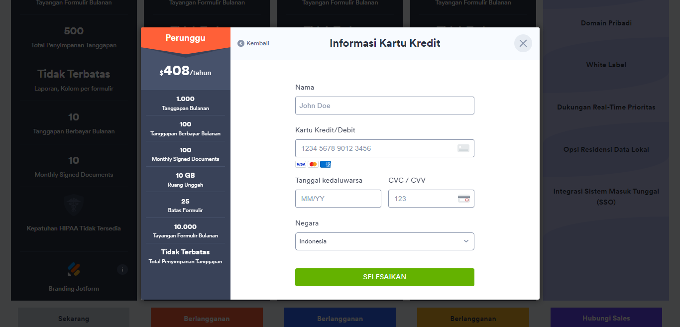 Jendela informasi kartu kredit Jotform menunjukkan nama, nomor kartu, masa berlaku, CVV, negara dan kode pos