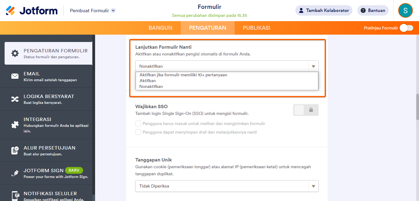 Pembangun formulir kartu, lanjutkan formulir nanti