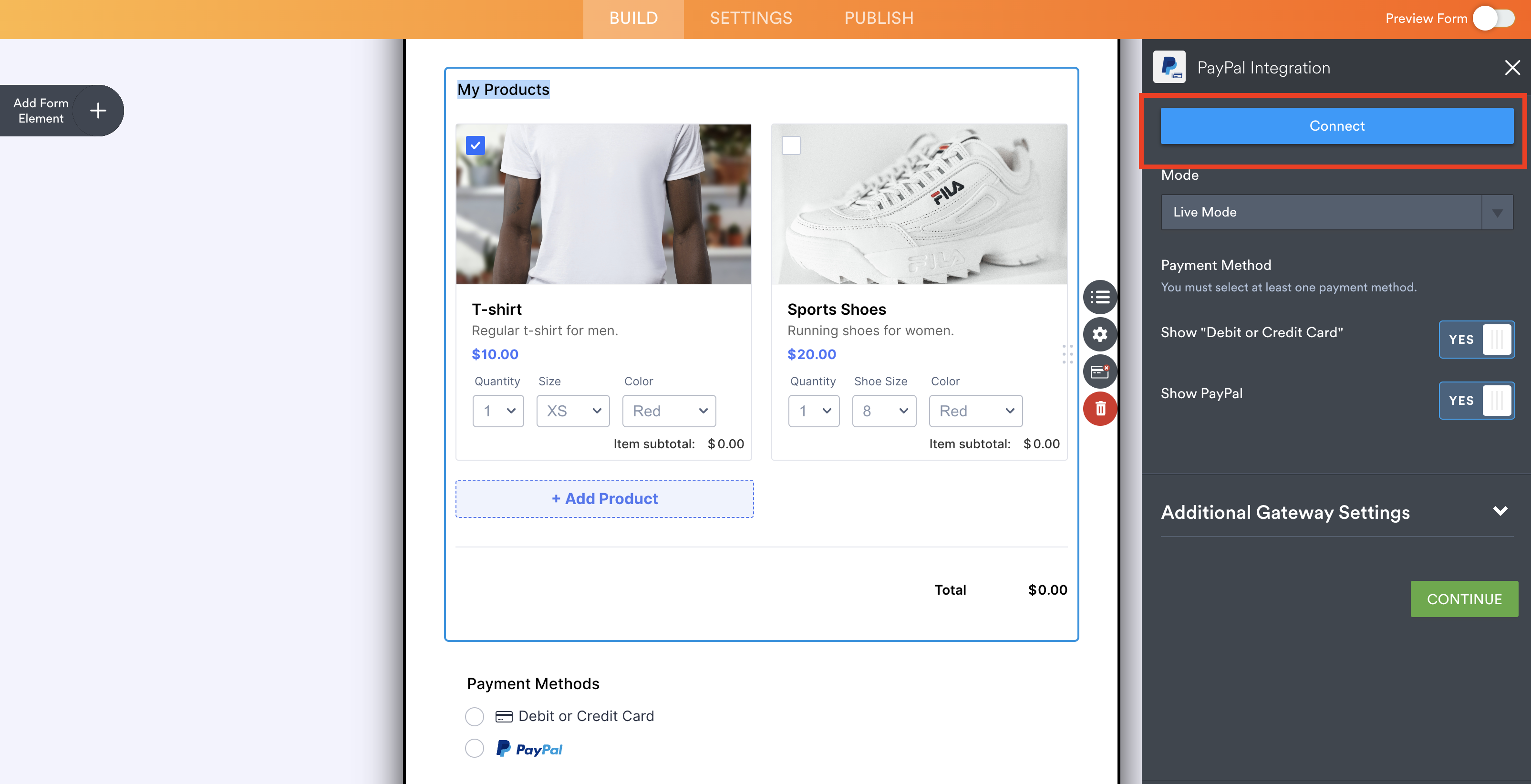 Screenshot of Connect to PayPal button in Payment Settings