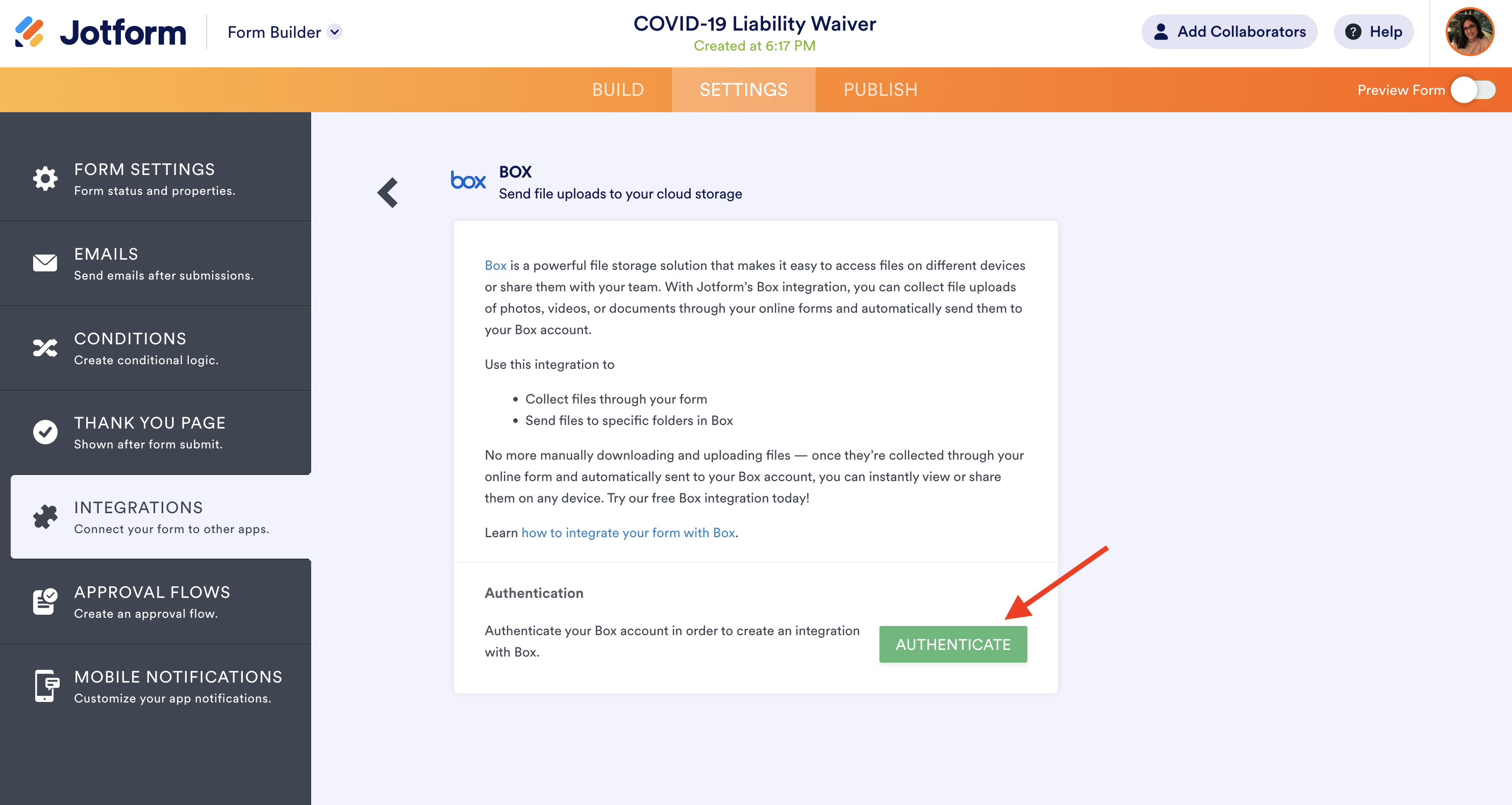 Screenshot of Authentication of the Integration