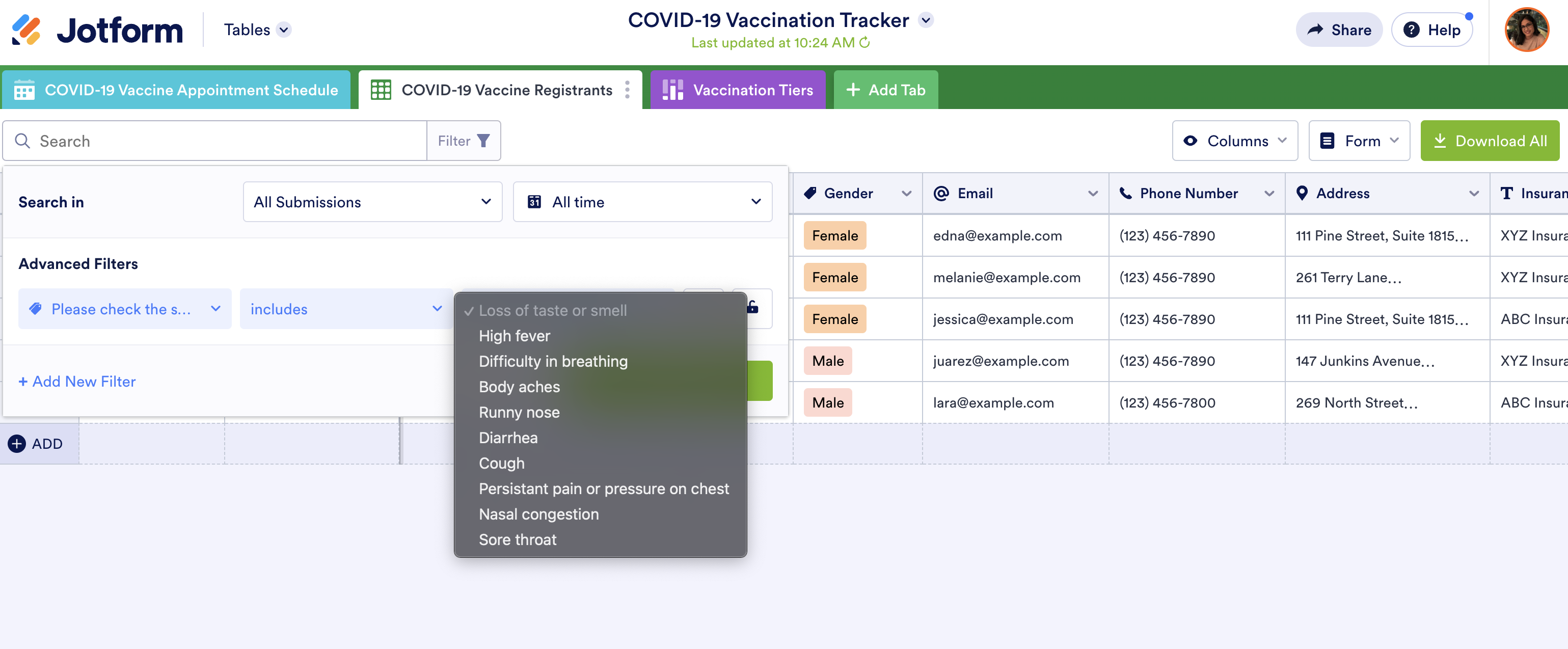 Screenshot of Covid-19 Vaccination Tracker Viewing Advanced Filters