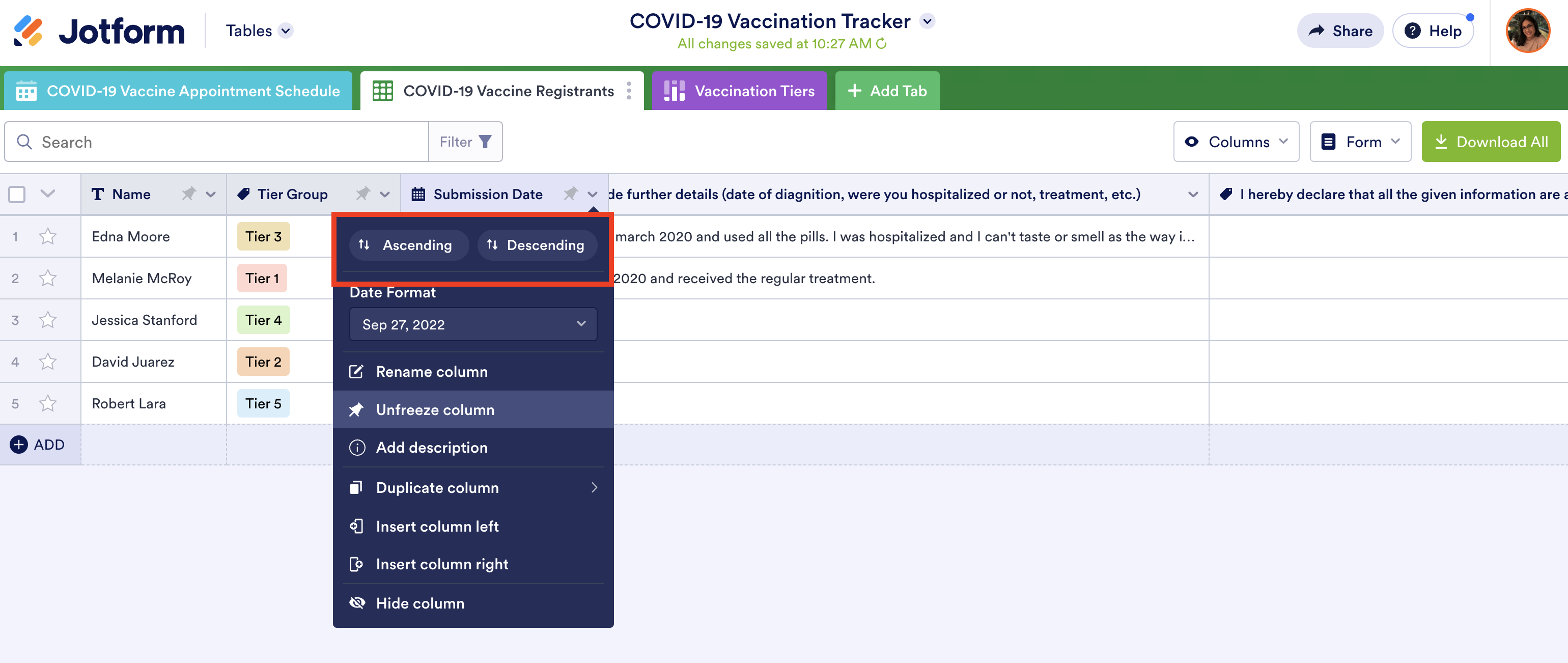 Image of Covid-19 Vaccination Tracker Form in Jotform Tables Clicking on Submission Date
