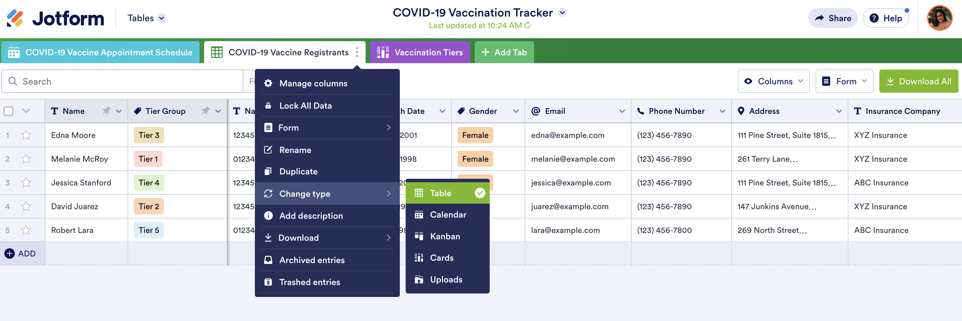 Screenshot of Covid-19 Vaccination Tracker in Jotform Tables Clicking on Change Type