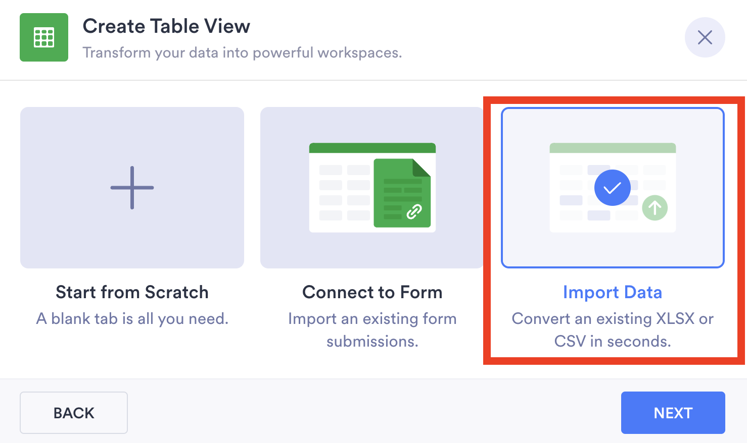 Image of Create Table View Page Clicking on Import Data