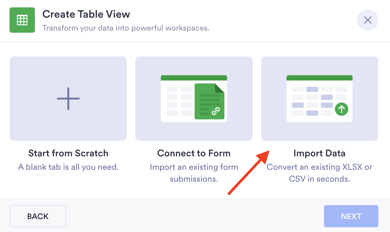 Image of Create Table View Page