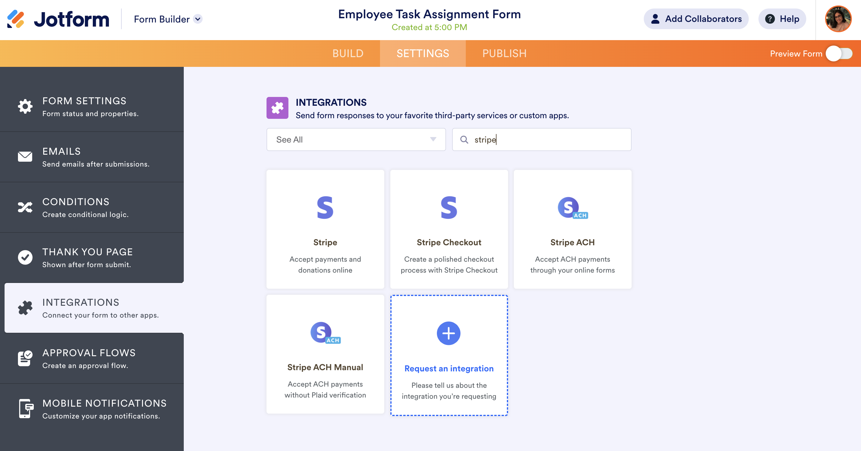 Image of Employee Task Assignment Form Integrations Page