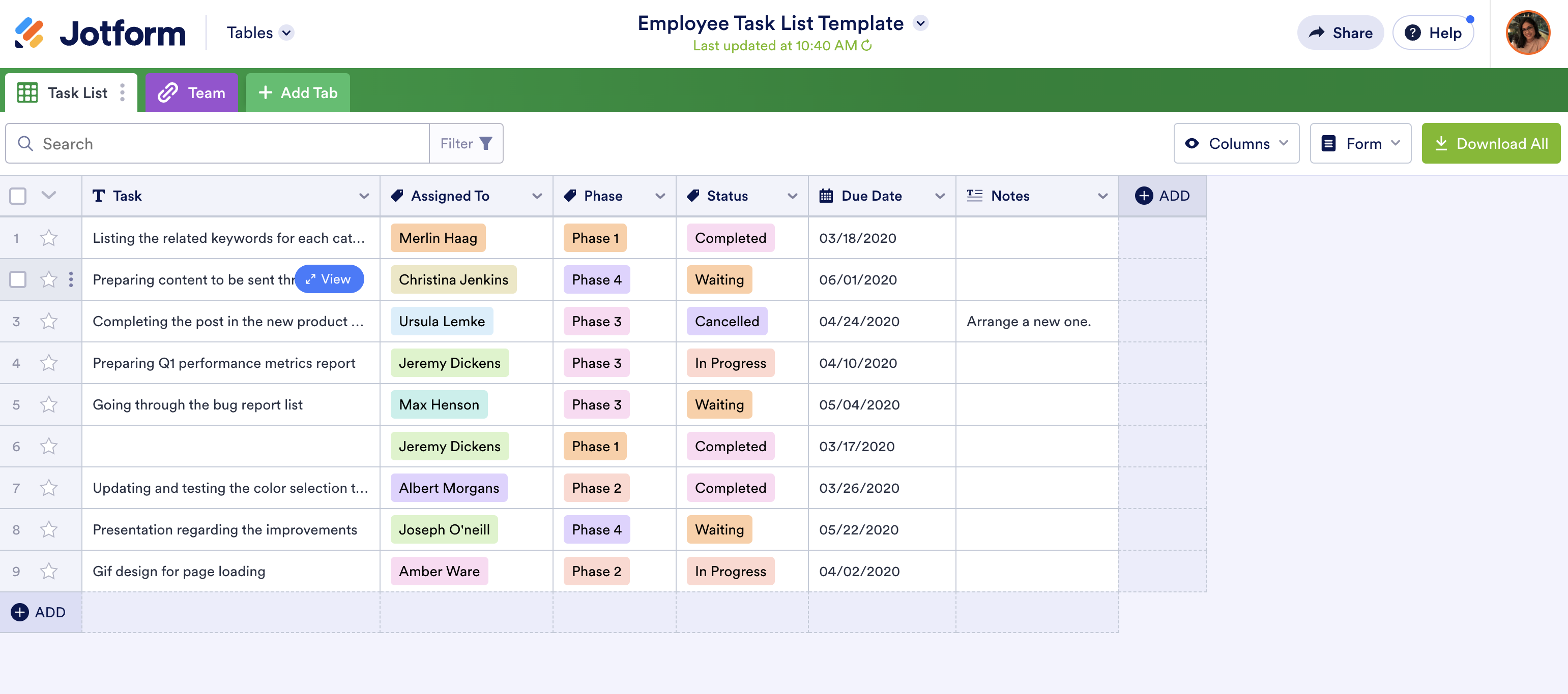 Screenshot of Employee Task List Template in Jotform Tables
