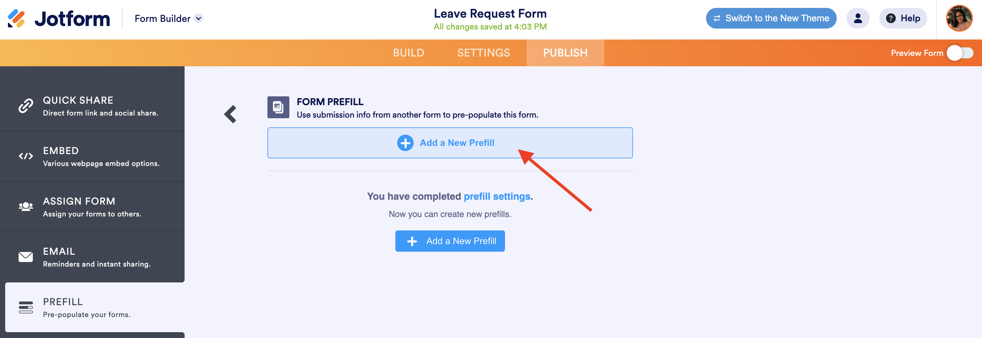 Screenshot of Prefill Page in Form Builder Clicking on "Add a New Prefill"