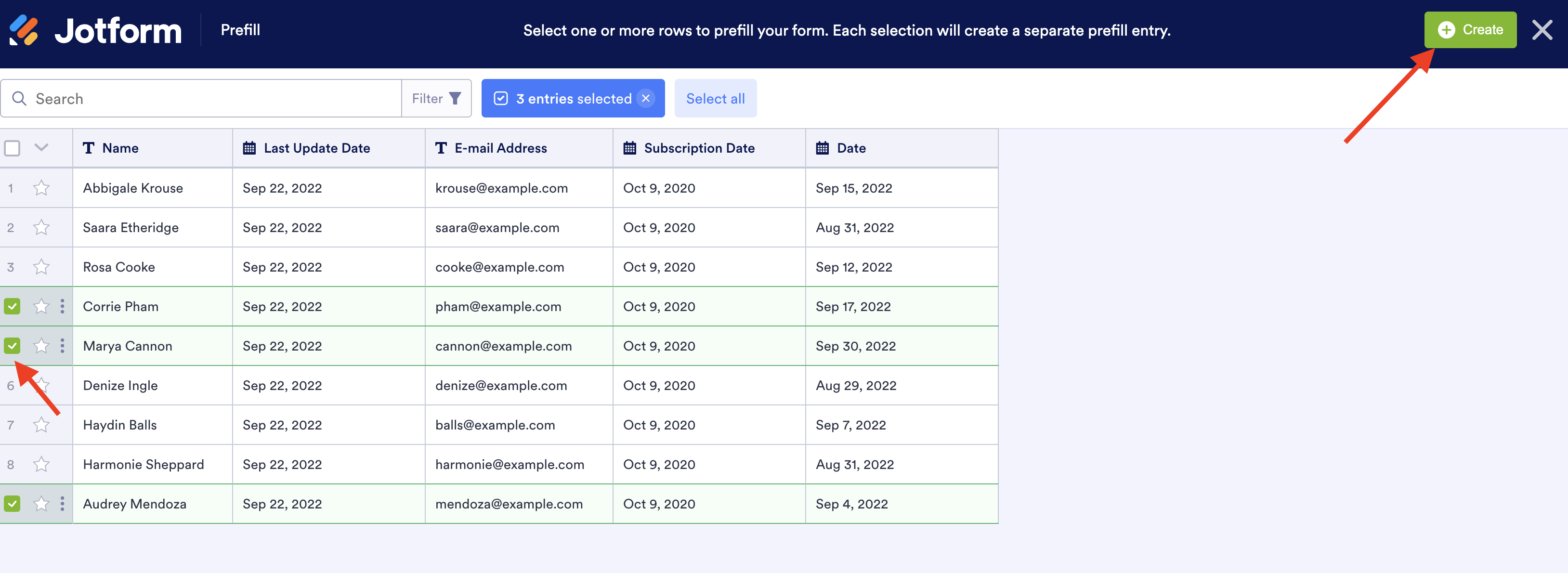 Screenshot of Prefill Table Selecting Records and Clicking on Create Button