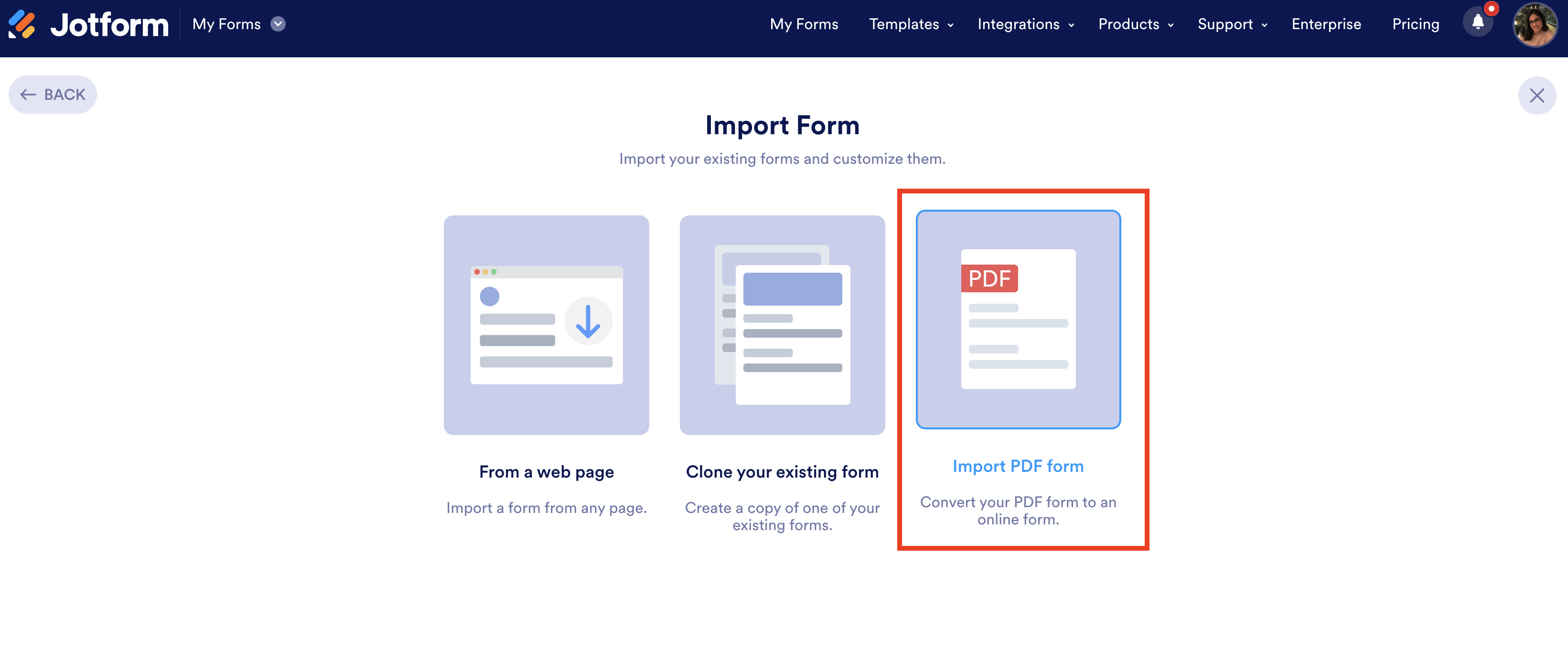 Choosing Import PDF Form in Import Form Page