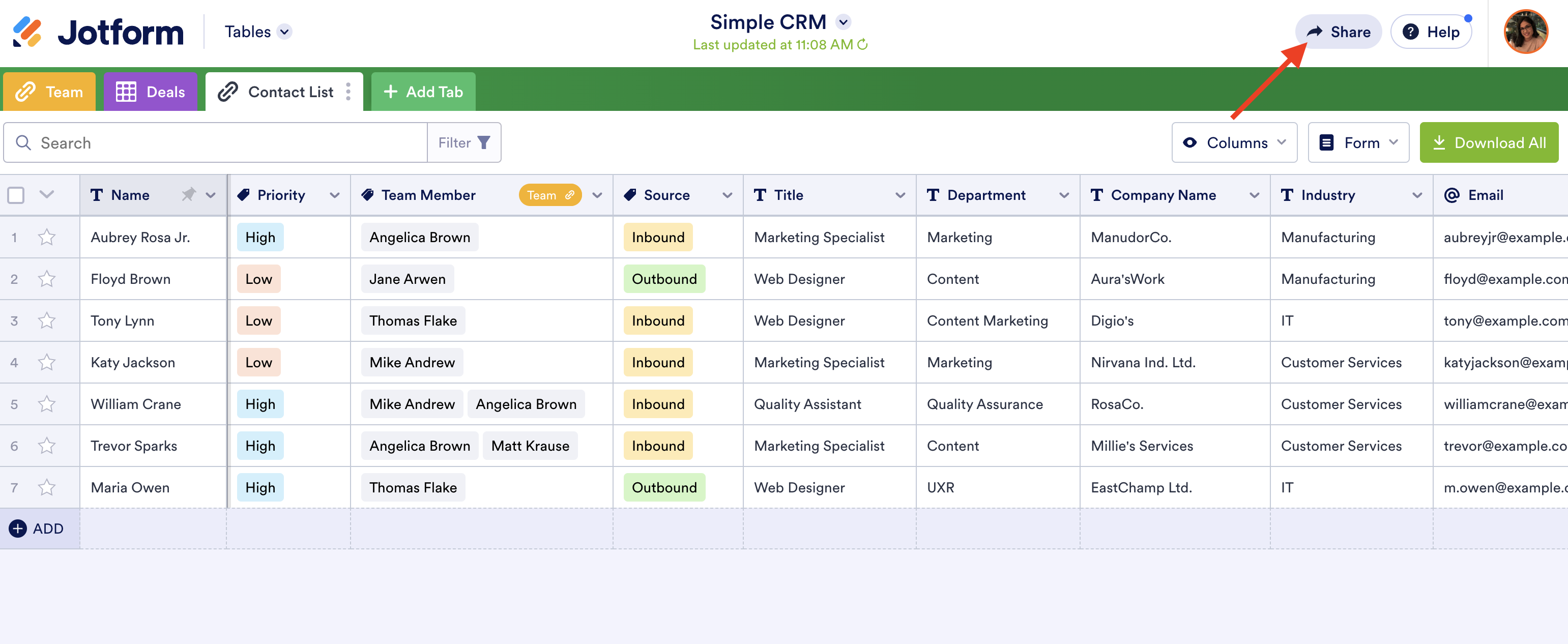 Screenshot of Simple CRM Form in Jotform Tables Clicking on Share Button