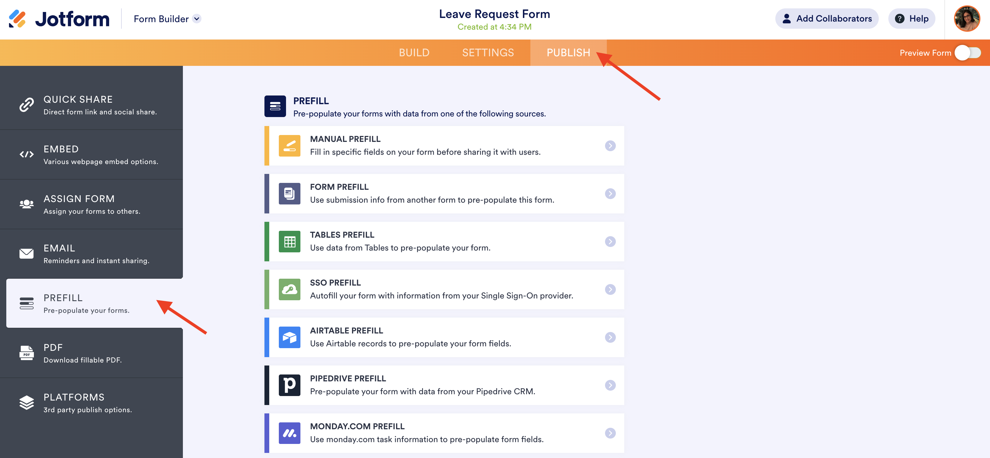 Screenshot of Prefill Page in Publish Tab